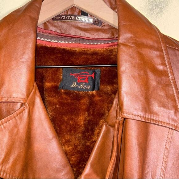 VINTAGE DE LONG 70s Brown Cowhide Glove Leather belted mob wife trench coat XL - Picture 2 of 8
